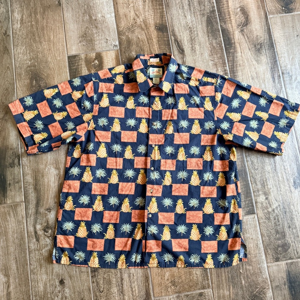Reyn Spooner Mens Vintage 90s Pineapple Regency Aloha‎ SS Shirt, Navy Orange,XL